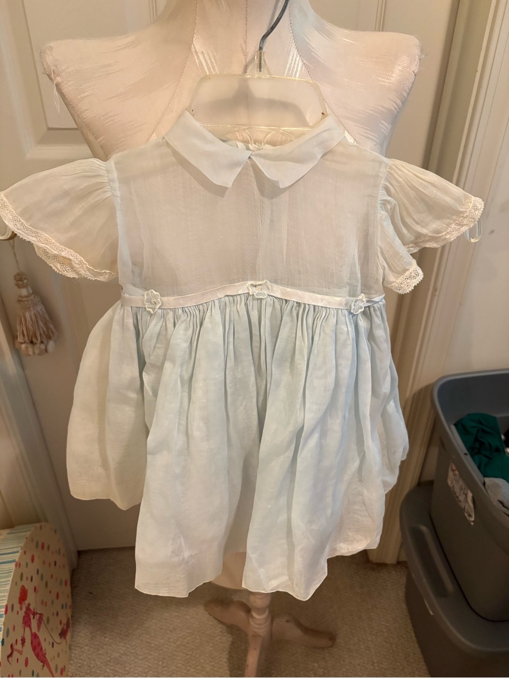 Elena Vintage-blue/ White cotton Baby Dress with Peter Pan Collar 9-12 months